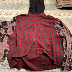 LF Furst of A Kind Vintage Red and Grey Plaid Button Down with Black Hood